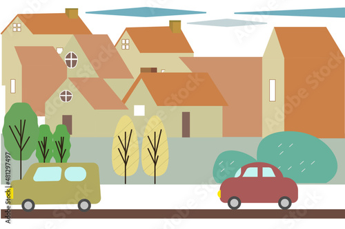 Vector illustration of townscape and landscape. Trees, forest, car, houses and a village. Drawing of a European village