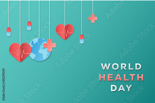 world health day illustration with hanging planet, hearts, medical cross, and pills in paper art