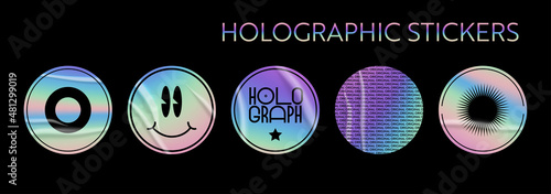 Holographic stickers set. Geometric shapes label with rainbow hologram and wrinkles. Vector elements for modern trend design.