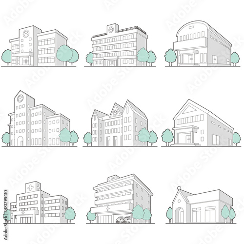 様々な建物のベクターイラスト. 線画.
