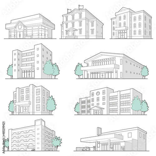 様々な建物のベクターイラスト. 線画.