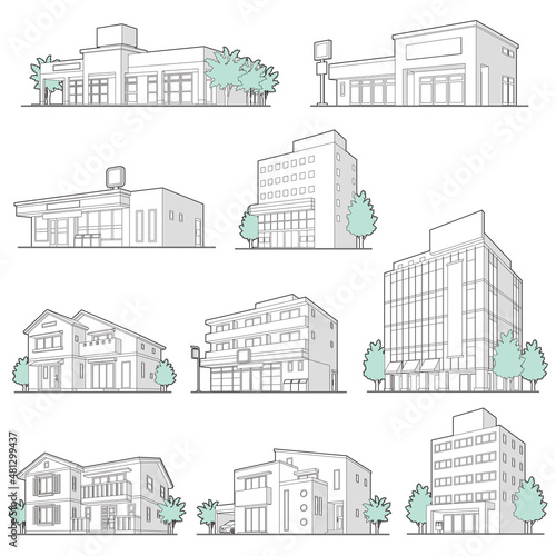 様々な建物のベクターイラスト. 線画.