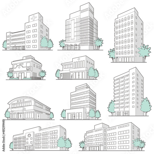 様々な建物のベクターイラスト. 線画.