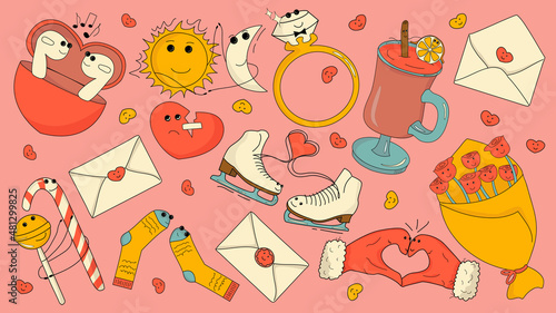 Set for Valentine's day with couples in love. Hand drawn trendy cartoon elements.