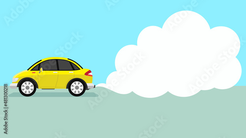 Vector or Illustration of yellow cartoon car passes by emitting pollutant fumes from the exhaust pipe. Empty space for text in the smoke.