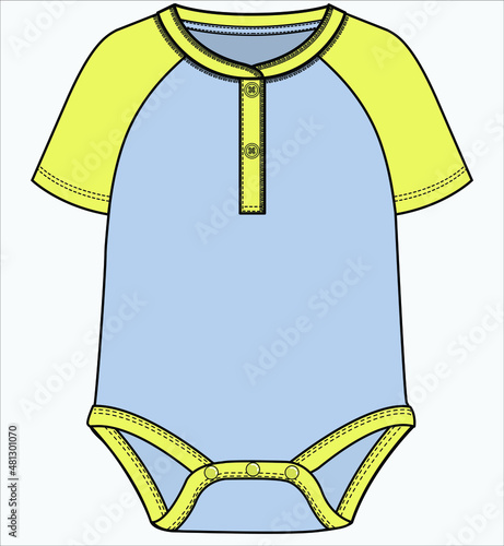 BODYSUIT WITH CONTRAST RAGLAN SLEEVES AND HENLEY NECKLINE DETAIL FOR BABY BOYS AND TODDLER BOYS IN EDITABLE VECTOR FILE