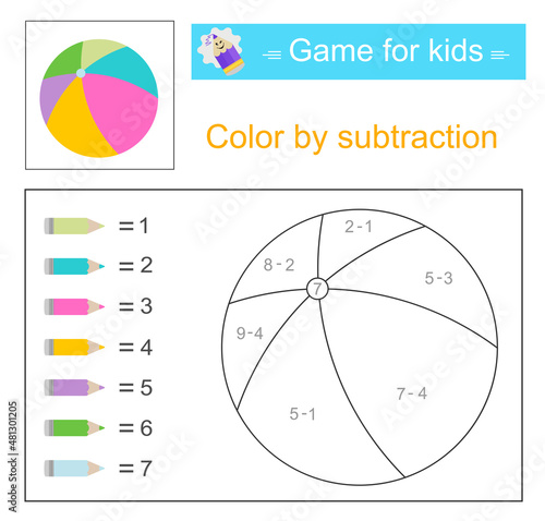 Color by subtraction. Math activity for kids. Developing numeracy skills. Number range up to 10. 