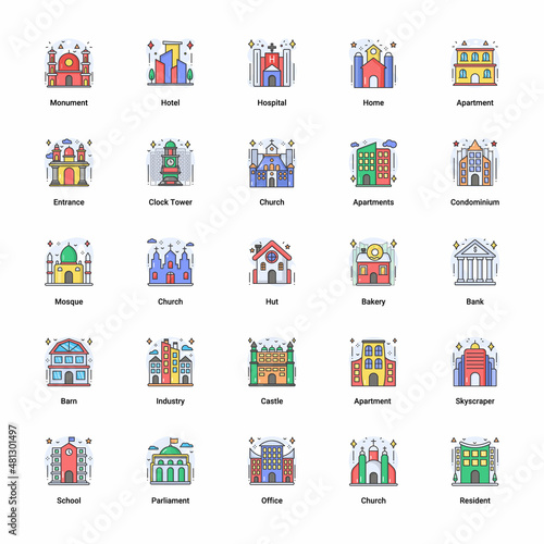 Real estate buildings. unique concept flat Filled Outline Background Vectors Illustration icons set. City houses cityscape, town apartment house building and architecture urban residential district. f