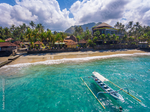 Aerial panoramic view on Candi Dasa shoreline on Bali island in Indonesia photo