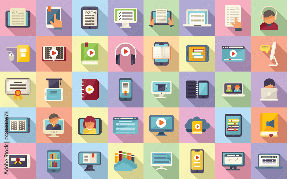 Online training icons set flat vector. Distance course Online training icons set flat vector. Distance course