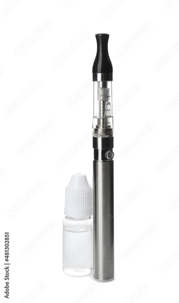 Electronic smoking device and vaping liquid on white background Electronic smoking device and vaping liquid on white background