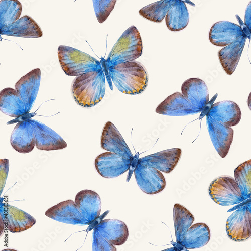 Beautiful seamless pattern with cute watercolor butterflies. Stock illustration. © zenina