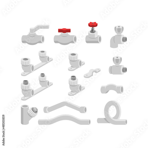PVC plumbing pipe fittings. Vector icon set.