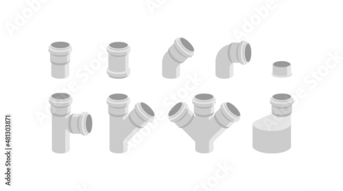 PVC sewer pipe fittings. Vector icon set.