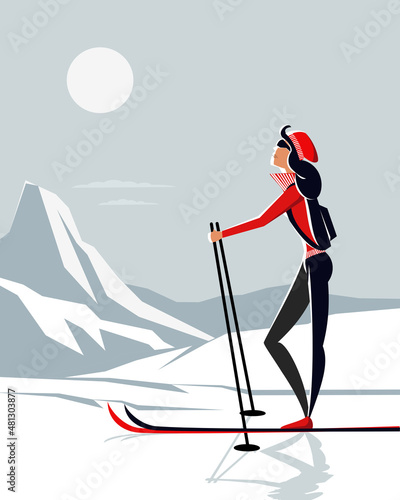 The girl is a skier in the mountains. Vector illustration.