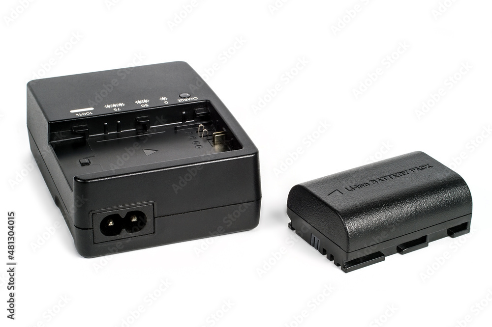 Charger and lithium ion battery on a white background. Charger and lithium ion battery on a white background.