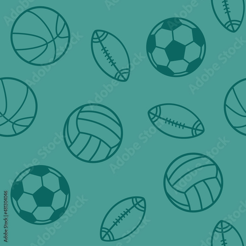 Sport seamless pattern illustration with flat elements of volleyball, American football, soccer, basketball balls, velvet jade green color palette