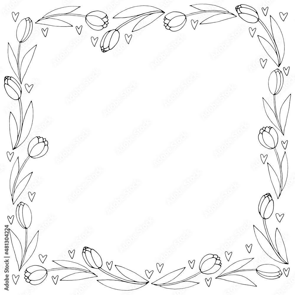 Vector round frame, wreath from outline tulips and hearts. Spring flowers. Hand drawn doodle isolated. Background, border, decoration for greeting card, invitation, Valentine's, Women's or Mother day. Vector round frame, wreath from outline tulips and hearts. Spring flowers. Hand drawn doodle isolated. Background, border, decoration for greeting card, invitation, Valentine's, Women's or Mother day.