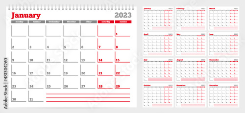 Calendar 2023 planner template. Week Starts on Monday. Set of 12 Months. Vector Illustration