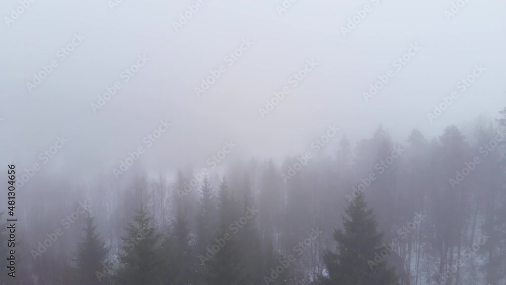 Heavy Foggy Clouds Covering Mountain Forest During Winter. Aerial Heavy Foggy Clouds Covering Mountain Forest During Winter. Aerial