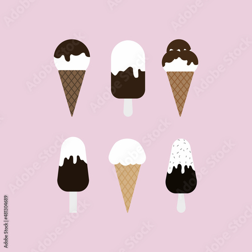 Set of ice cream in chocolate icing on pink background.Ice cream creme brulee in chocolate. Vector illustration
