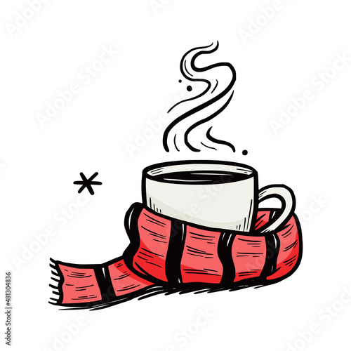 Hot winter drink cup with scarf. Warm coffee, tea, chocolate. Hand drawn sketch style. Drink christmas mug. Vector illustration.