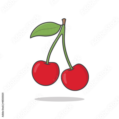 Cherry Fruit Vector Icon Illustration. Cherry Berry With Leaves Flat Icon. Fresh Cherries Fruit