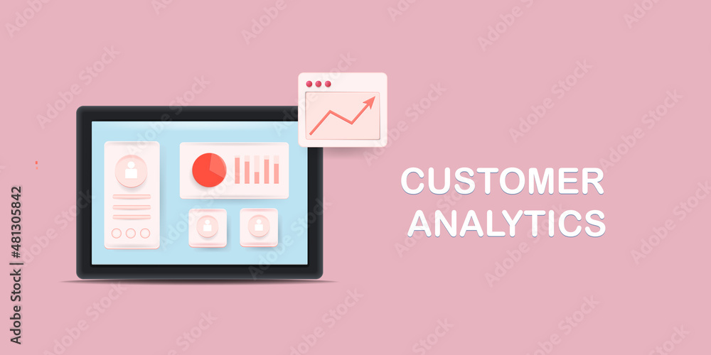 3d style conceptual banner - Customer analytics, CRM - Customer data management, personal and financial information on virtual screen. Abstract internet technology with pink pastel background. 3d style conceptual banner - Customer analytics, CRM - Customer data management, personal and financial information on virtual screen. Abstract internet technology with pink pastel background.