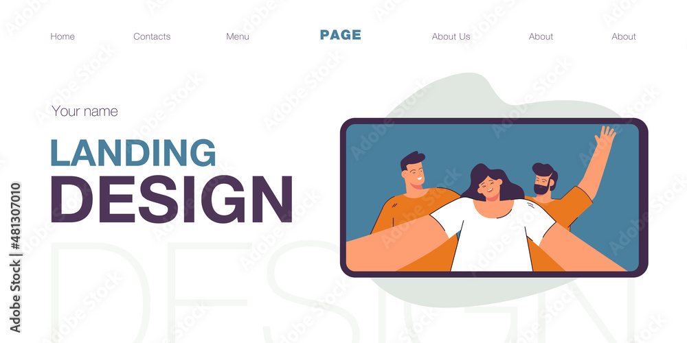 Fototapeta premium Mobile phone with selfie on screen flat vector illustration. Happy friends taking photo. Friendship, together, memory concept for banner, website design or landing web page