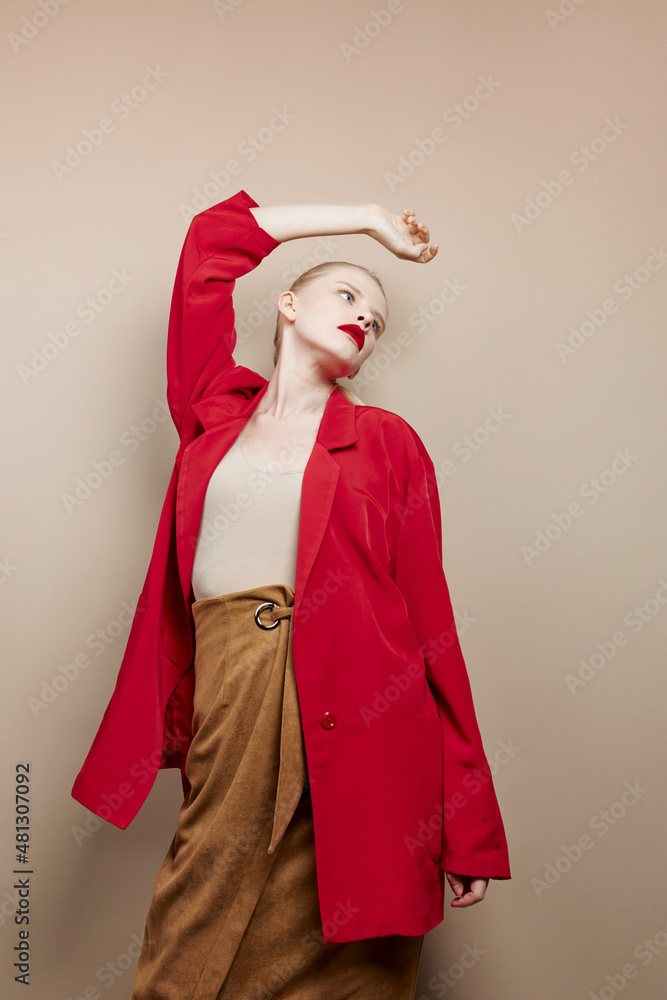 glamorous woman makeup in red jacket studio model unaltered glamorous woman makeup in red jacket studio model unaltered