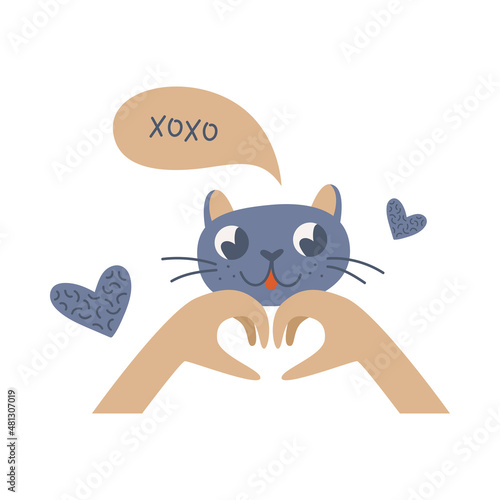 valentines day design, cute cat with hearts and speach bubble "xoxo"