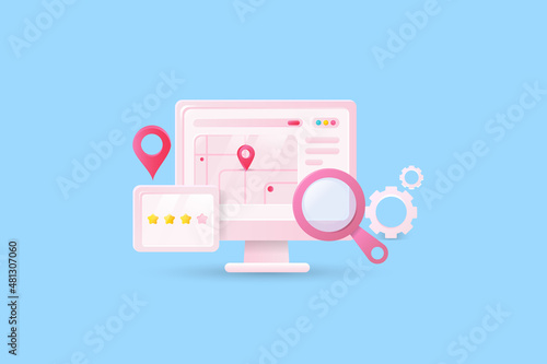 Local seo, organic search engine results for local shops and small business, map pointer gps, find store conceptual 3d illustration, abstract background.