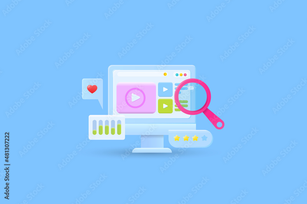 Video content search on web conceptual 3d illustration, video marketing on social media, internet technology abstract blue background. Video content search on web conceptual 3d illustration, video marketing on social media, internet technology abstract blue background.