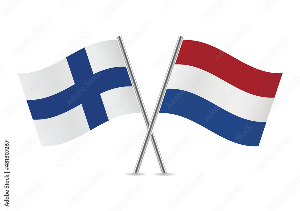 Finland and Netherlands flags. Finnish and Netherlandish flags isolated on white background. Vector illustration.