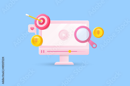 3d conceptual illustration video advertising, digital video marketing, social media video content campaign, reaching internet user, internet business.