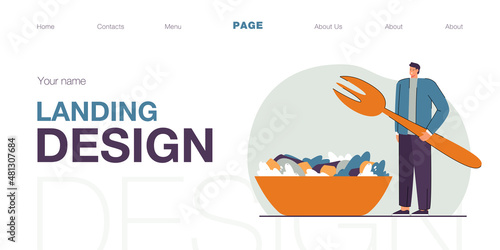 Tiny man standing next to huge plate with vegetable salad. Guy holding huge fork flat vector illustration. Healthy lifestyle, organic food concept for banner, website design or landing web page