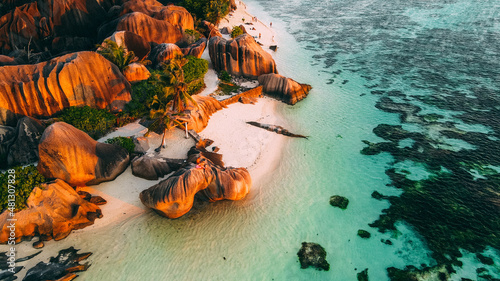 Seychelles La Digue Aerial Drone View of Sunset