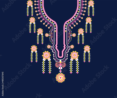 Neckline design Flower Geometric Ethnic oriental pattern traditional.Floral necklace embroidery design for fashion women. background, wallpaper, clothing, and wrapping