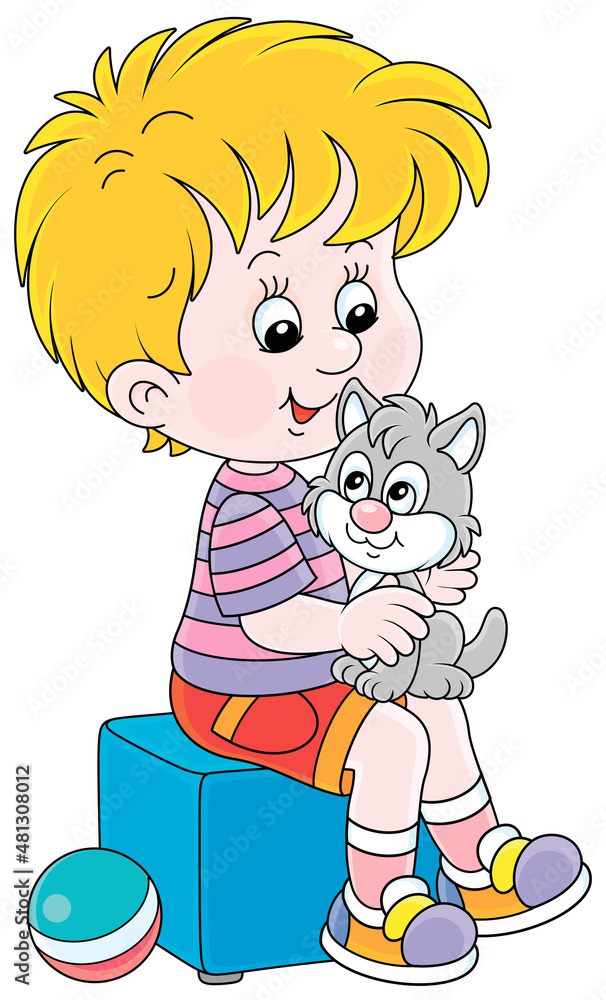 Happy little boy playing with his cute grey and white kitten, vector cartoon illustration isolated on a white background Happy little boy playing with his cute grey and white kitten, vector cartoon illustration isolated on a white background