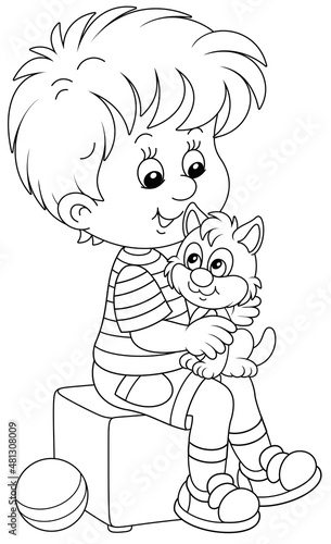 Happy little boy playing with his cute kitten, black and white outline vector cartoon illustration for a coloring book page