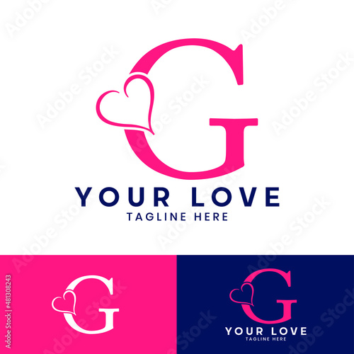 G letter logo with heart icon, Happy Valentines initial G logo, Valentines Day greeting card banner logo template
