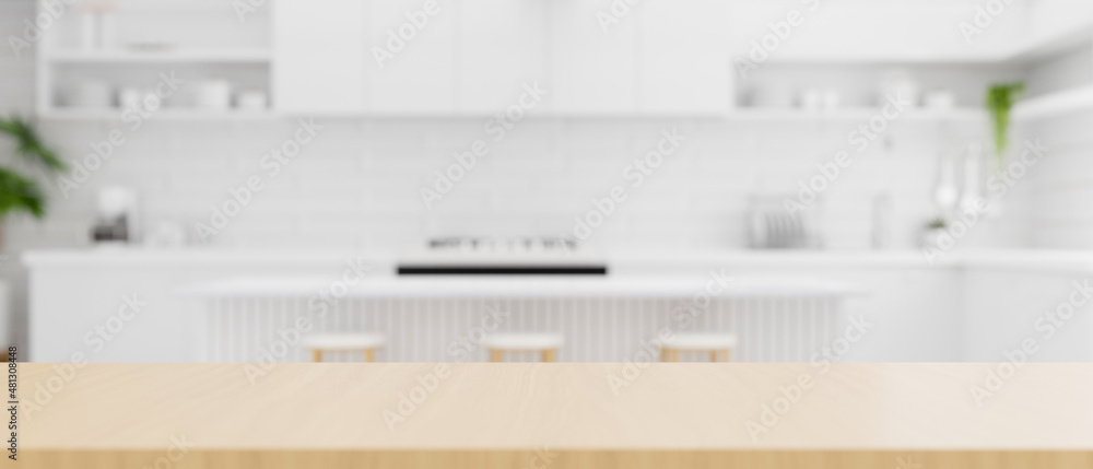 Wooden kitchen countertop with copy space over white kitchen background. Wooden kitchen countertop with copy space over white kitchen background.