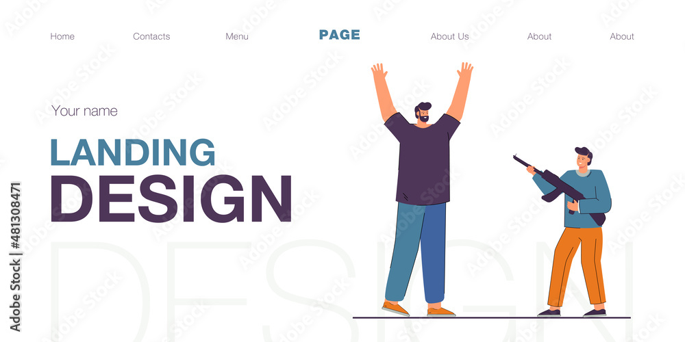 Obraz premium Son with gun pretending to be criminal and playing with father. Flat vector illustration of dad raising hands, having fun with child. Family time, dangerous game concept.