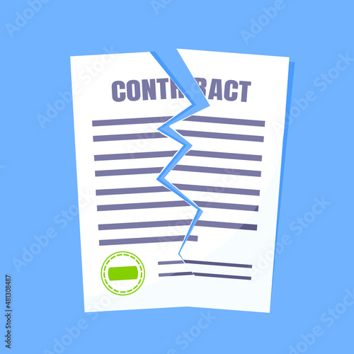 Contract cancellation business concept. Terminated tearing contract paper sheet breach flat style design vector illustration isolated on white background.