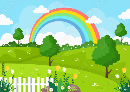 Spring Time Landscape Background with Flowers Season, Rainbow and Plant for Promotions, Magazines, Advertising or Websites. Nature Vector illustration