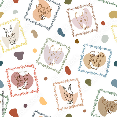Seamless pattern, stylized dog faces in frames