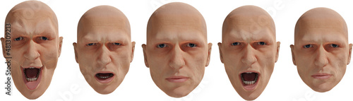 adult bald face with set expressions set of 3D realistic illustrations