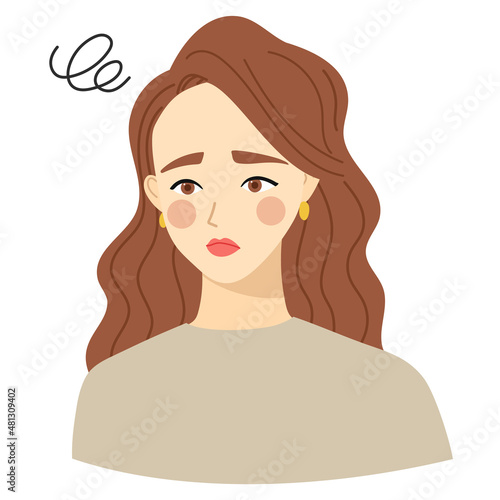 Vector illustration of a woman with long hair.  She has a troubled facial expression 2.