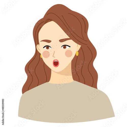 Vector illustration of a woman with long hair.  She get angry. facial expression 2.
