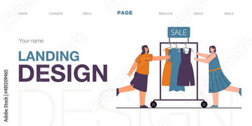 Salesgirls pushing clothes rail with dresses. Sale of gowns flat vector illustration. Clothes racks in background. Selling, shop assistant concept for banner, website design or landing web page.